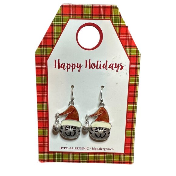 Christmas Cat Face Earrings Santa Hat Bell Silver Tone Hypoallergenic Seasonal - Picture 3 of 5